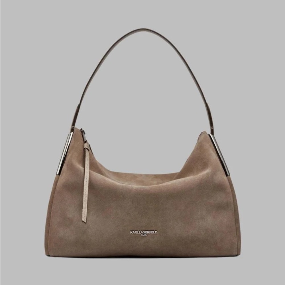 KARL LAGERFELD PARIS Valerie Suede Hobo- Truffle Brown
